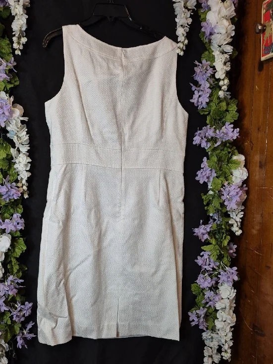 Tahari White Textured Midi Sheath Dress with Gold Buckle Detail - Picture 5 of 5